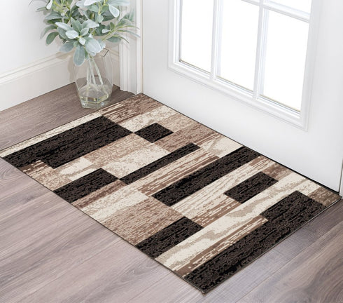 12' Black Brown And Beige Patchwork Runner Rug